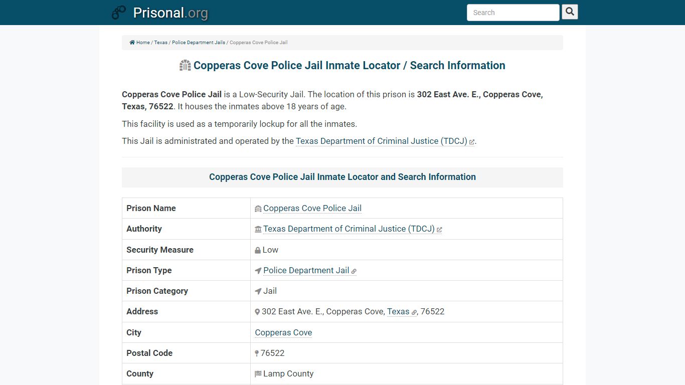 Copperas Cove Police Jail Inmate Locator / Search Information